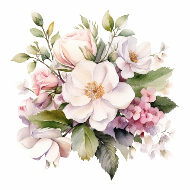 A bouquet of flowers with a pink and white background.