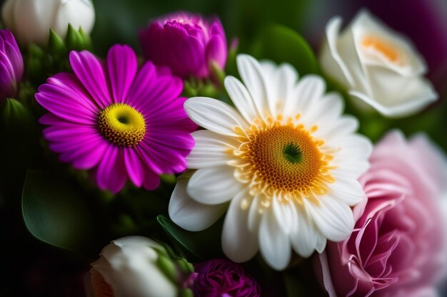 A bouquet of flowers with a pink and white daisy in the center