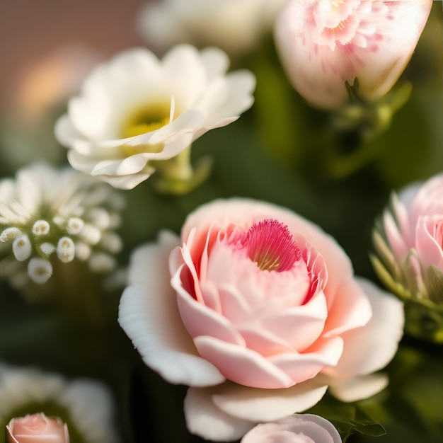 A bouquet of flowers with a pink and white flower.