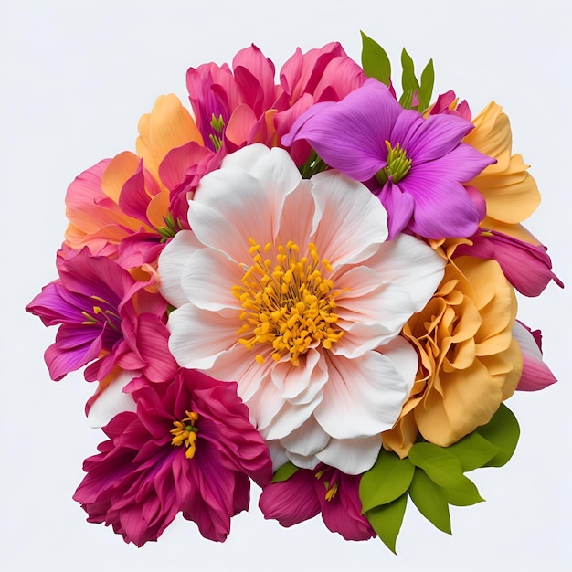 A bouquet of flowers with a pink and yellow center.