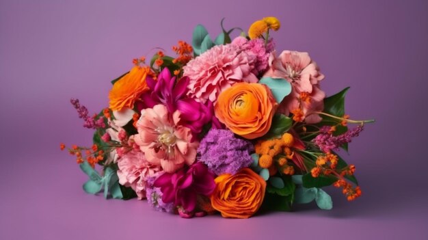 A bouquet of flowers with a purple background