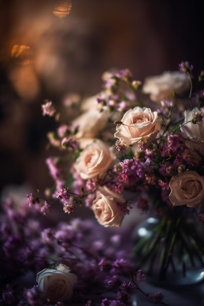 A bouquet of flowers with a purple background