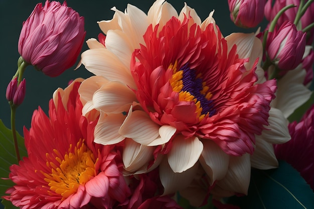 A bouquet of flowers with a purple center