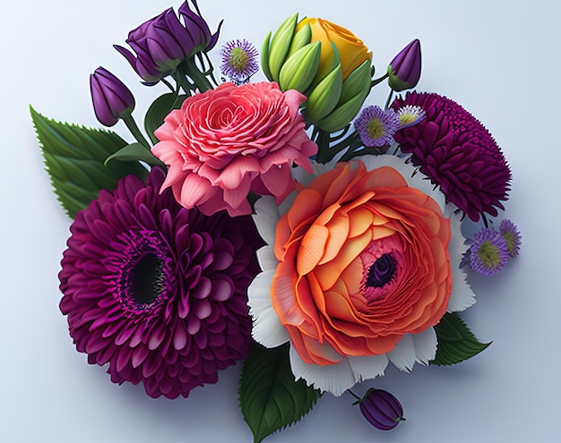 A bouquet of flowers with a purple and orange flower.