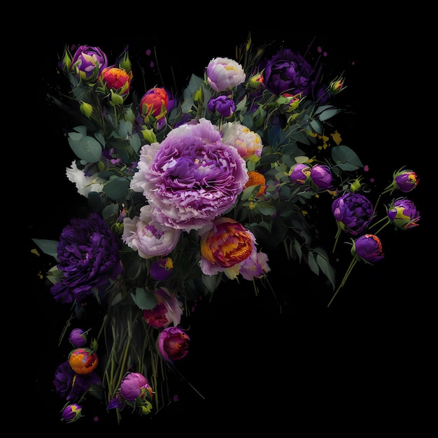 A bouquet of flowers with purple, orange, and yellow flowers.