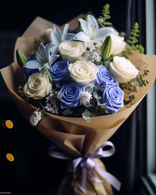 a bouquet of flowers with a purple ribbon around the bottom