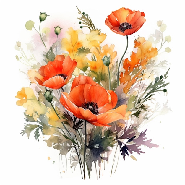 A bouquet of flowers with a red poppy on the bottom.