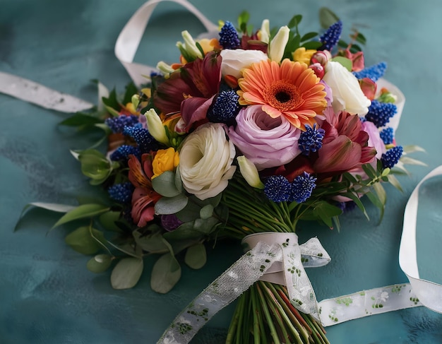 a bouquet of flowers with a ribbon tied around the bottom