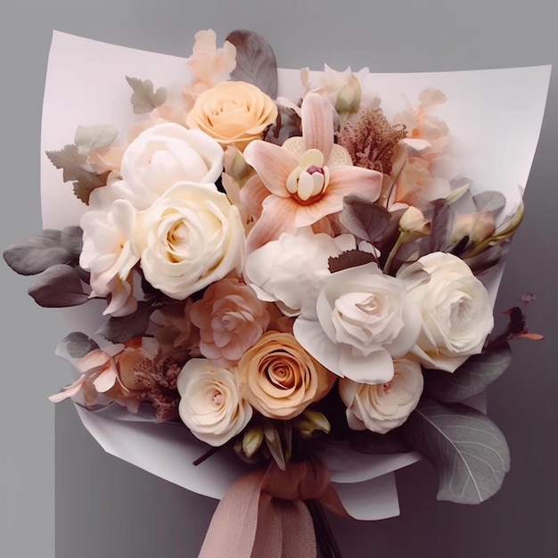 a bouquet of flowers with a ribbon tied around the bottom.