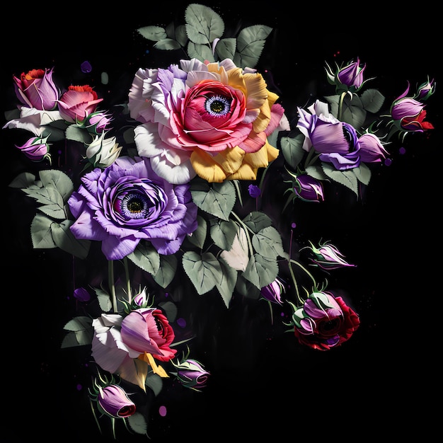 A bouquet of flowers with a rose on the left.