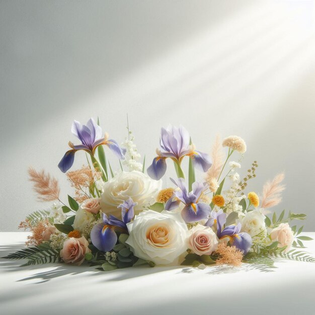 a bouquet of flowers with a sun behind them