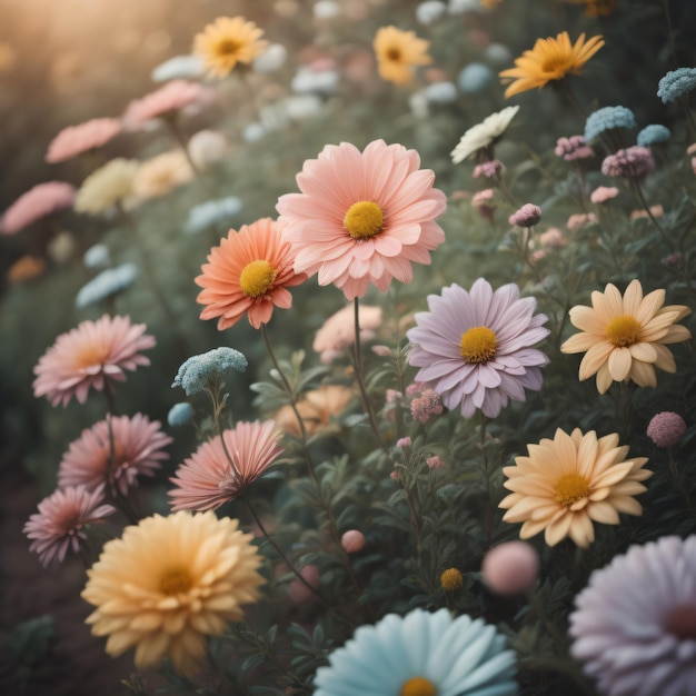 A bouquet of flowers with the sun behind them