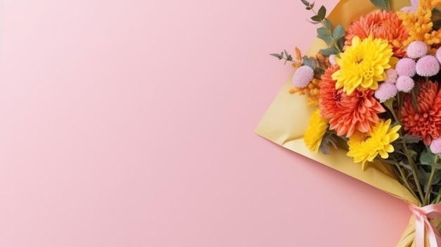 A bouquet of flowers with a tag for Mothers Day Birthday Valentine's Day romantic gift Web banner with copy space Generative AI