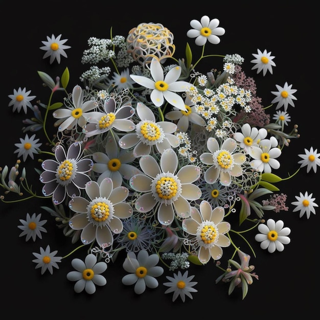 A bouquet of flowers with white and yellow flowers on a black background.