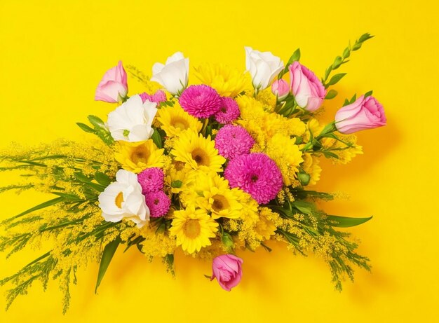 A bouquet of flowers with a yellow background