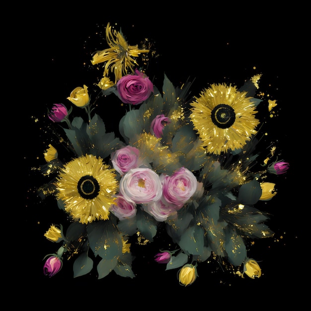 A bouquet of flowers with yellow and pink flowers and a butterfly painted on it.