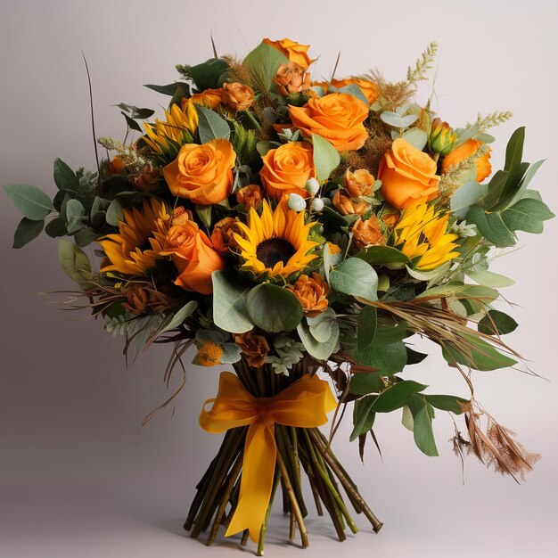 a bouquet of flowers with a yellow ribbon around the bottom.