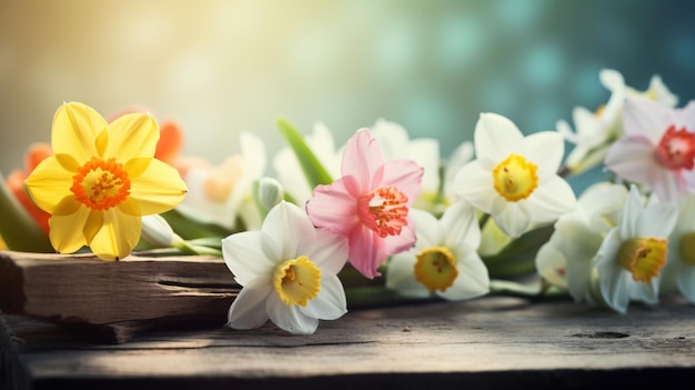 A bouquet of flowers on a wooden table