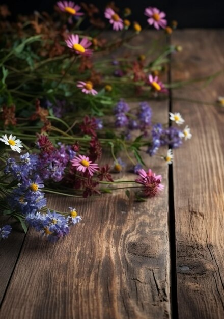 A bouquet of flowers on a wooden table