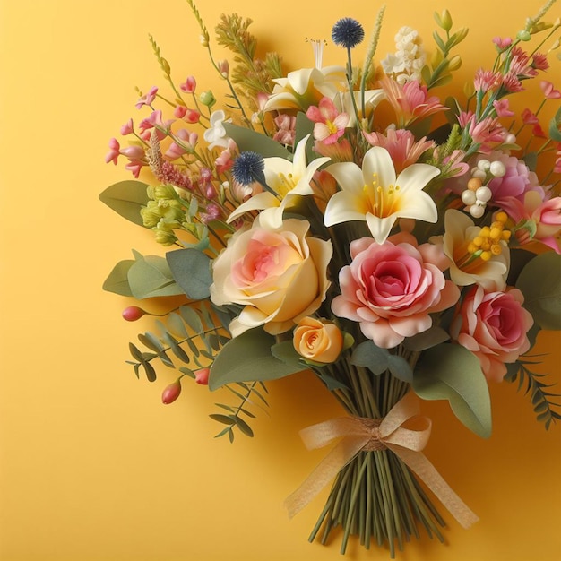 a bouquet of flowers on a yellow background