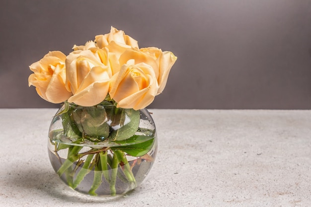 Mazzo di rose beige fresche in un vaso. il concetto festivo per matrimoni, compleanni, 8 marzo, festa della mamma o san valentino. biglietto di auguri, sfondo scuro