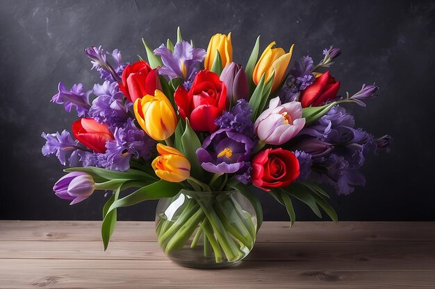 Букет свежих цветов Праздничный подарок любимому Фон День святого Валентина Роза тюльпан ирис цветочная аранжировка