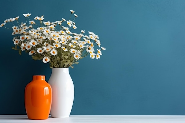 Bouquet of fresh flowers in an orange glass and white ceramic vase generative ai