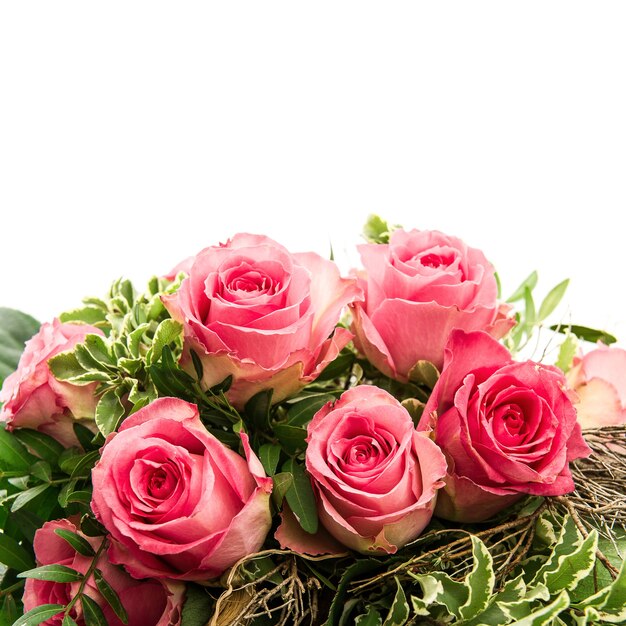 Bouquet of fresh pink roses isolated on white background. floral border with place for your text. card concept