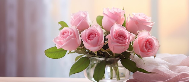 A bouquet of fresh pink roses in a natural soft light tone with copy space and selective focus