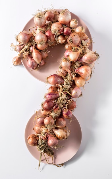 Bouquet of fresh red onions.