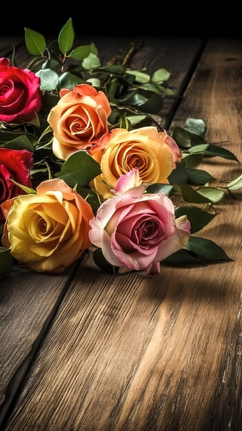 Bouquet of fresh roses on a wooden background generative ai