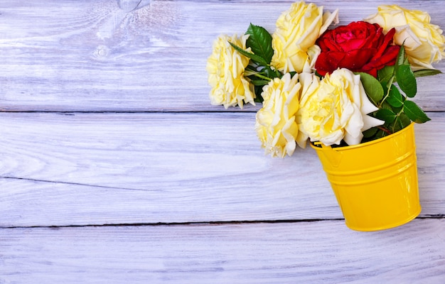 Bouquet of fresh roses in a yellow iron bucket 