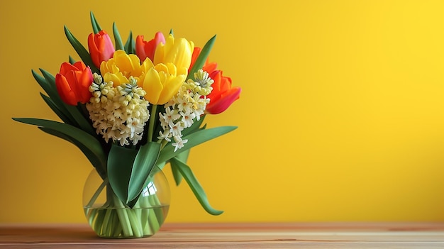 黄色い背景の花瓶に新鮮なチューリップとヒアシンスの花束