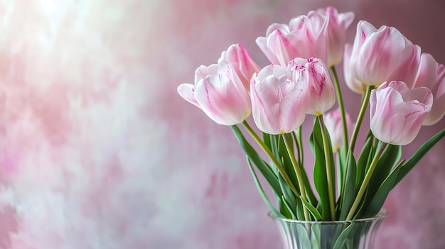 Bouquet of fresh white and pink tulips in vase on pink background