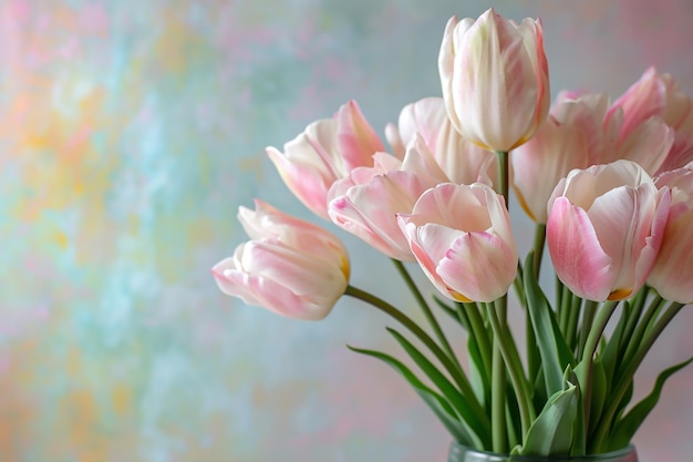 Bouquet of fresh white and pink tulips in vase on pink background