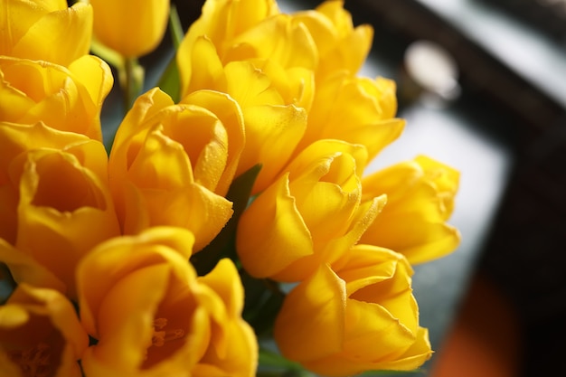 A bouquet of fresh yellow tulips in a vase on a table near the window