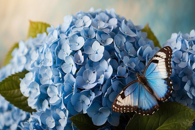 Bouquet from blue hydrangeas and butterfly a flower background