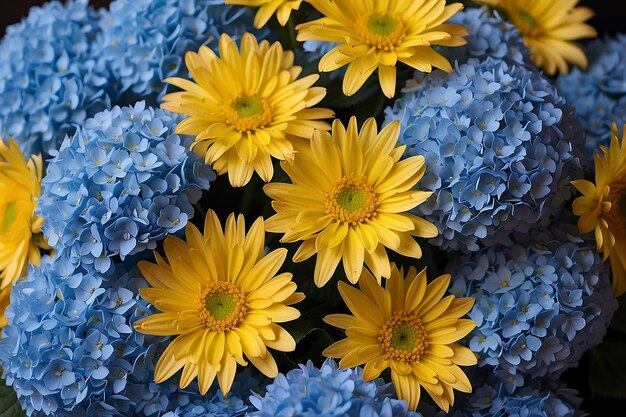 Bouquet from blue hydrangeas and yellow asters a flower background