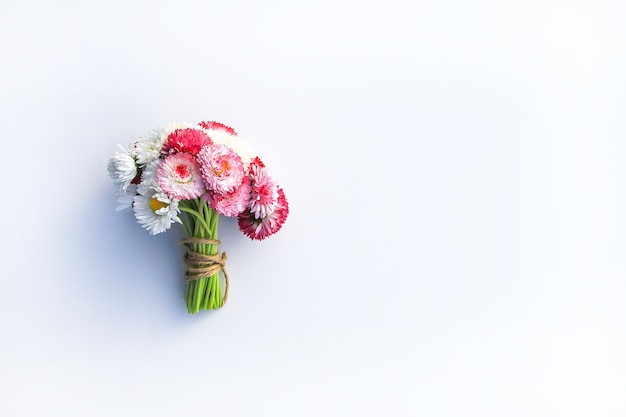 Bouquet of garden daisies with a red ribbon in a pot on a rough table. Blurred background.