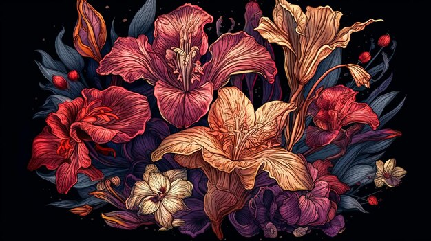 Bouquet of garden flowers on a dark background generative ai