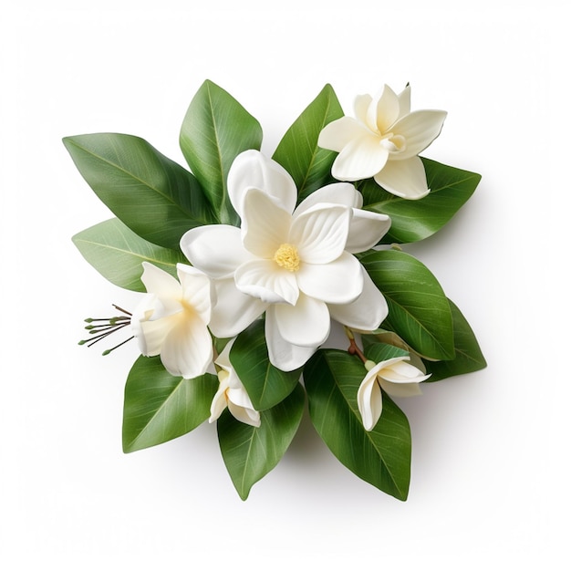 Букет цветочного растения Gardenia cape jasmine с листьями на белом фоне