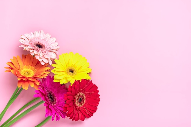 Foto bouquet di gerbere su sfondo rosa vista dall'alto piatto lay biglietto di auguri per le vacanze happy moter's day