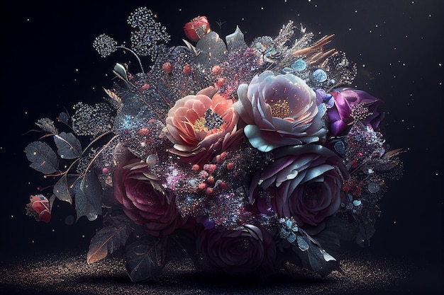 Bouquet of glitter flowers on black background Generative AI