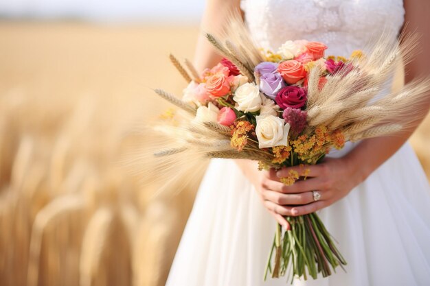 Bouquet held against a backdrop of colorful autumn leaves