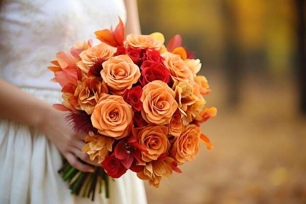 Photo bouquet held against a backdrop of colorful autumn leaves