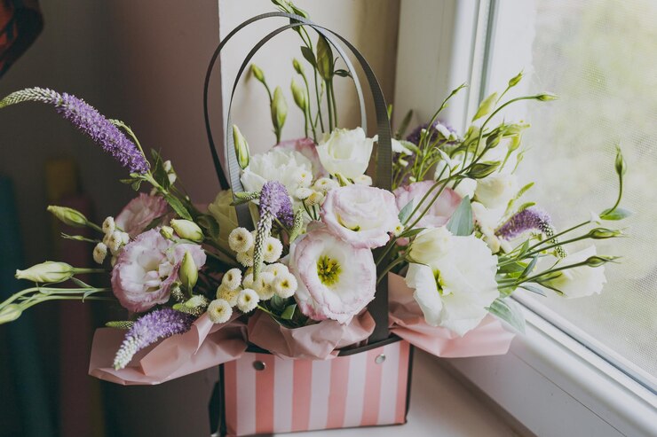 Bouquet of holiday flowers in a box