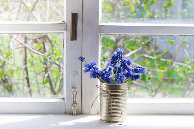 Bouquet of hyacinths on window sill