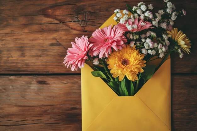 Bouquet in gele envelop Moederdag kaartje