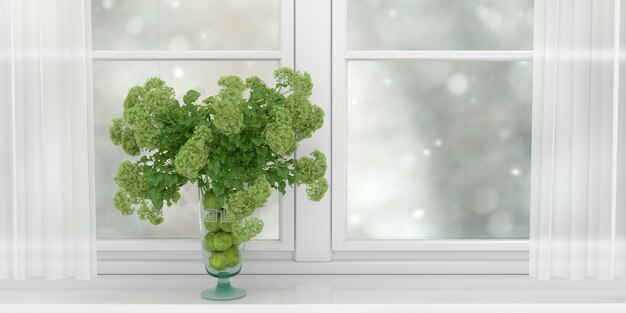 Bouquet of interesting green flowers standing on the windowsill of a wide white window, 3d illustration