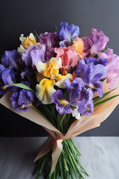 A bouquet of irises is wrapped in a pink paper.